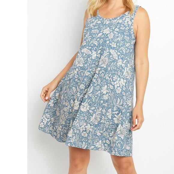 100% LINEN dress L RACHEL ASHWELL FLORAL Short Mini  BLUE WHITE Large Summer 12 - Picture 1 of 8